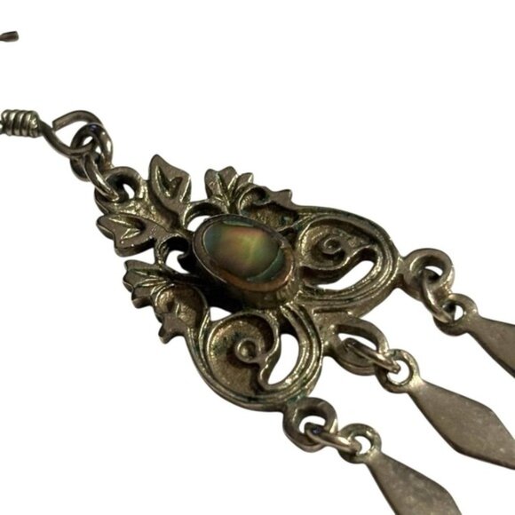 Abalone Shell Earrings Pot Metal Silver Tone Southwestern VTG Dangle Drop Ornate - Picture 7 of 10